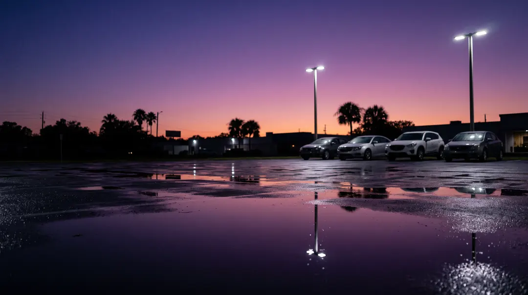 The lot after rain at dusk, lights on