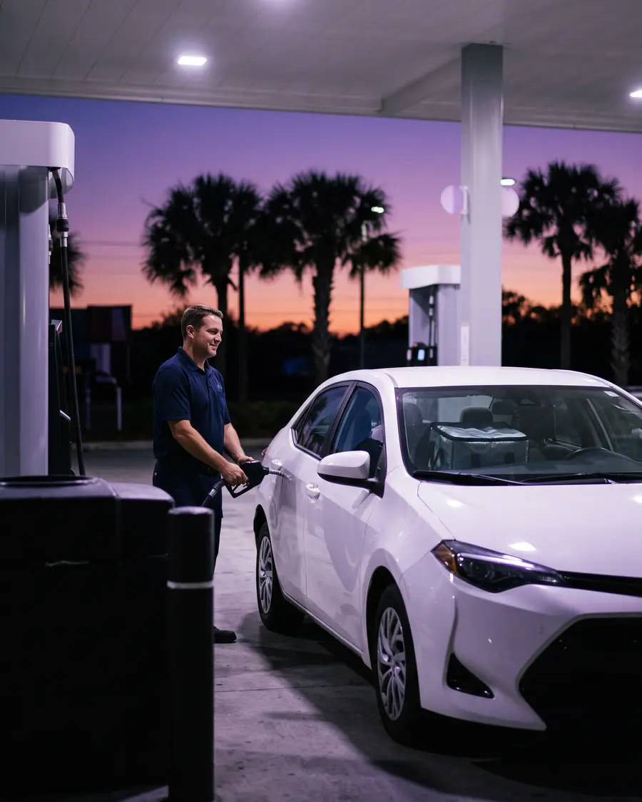 A driver refuelling a white compact sedan at dusk